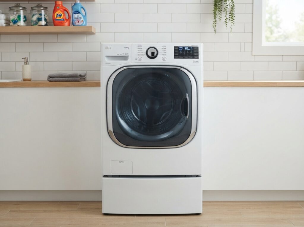 LG WM4000HWA front-load washing machine in modern laundry room