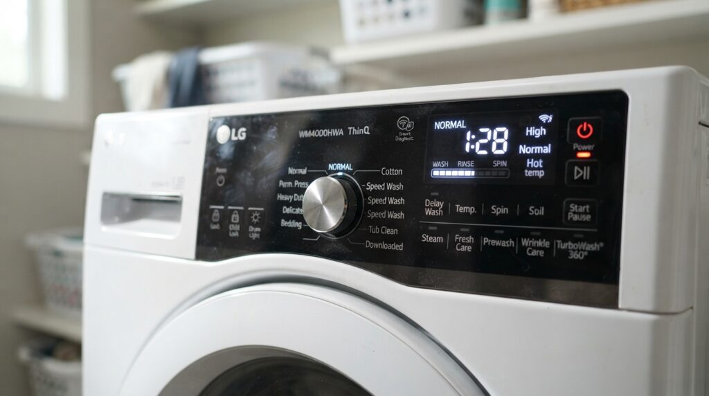 LG WM4000HWA washing machine control panel showing smart features