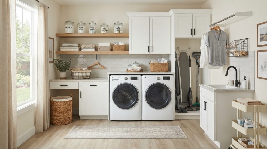 Modern laundry room with washing machine installation