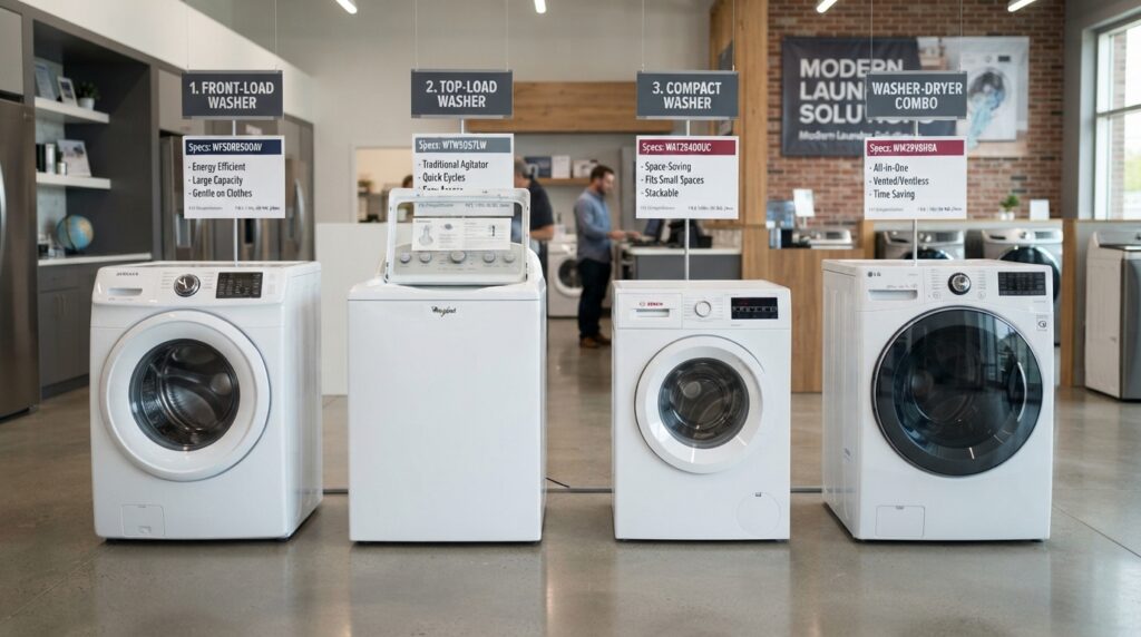 Various washing machine types comparison display