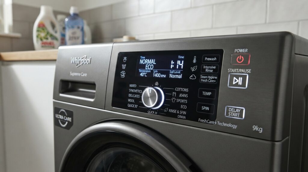 Washing machine control panel showing various cycle options